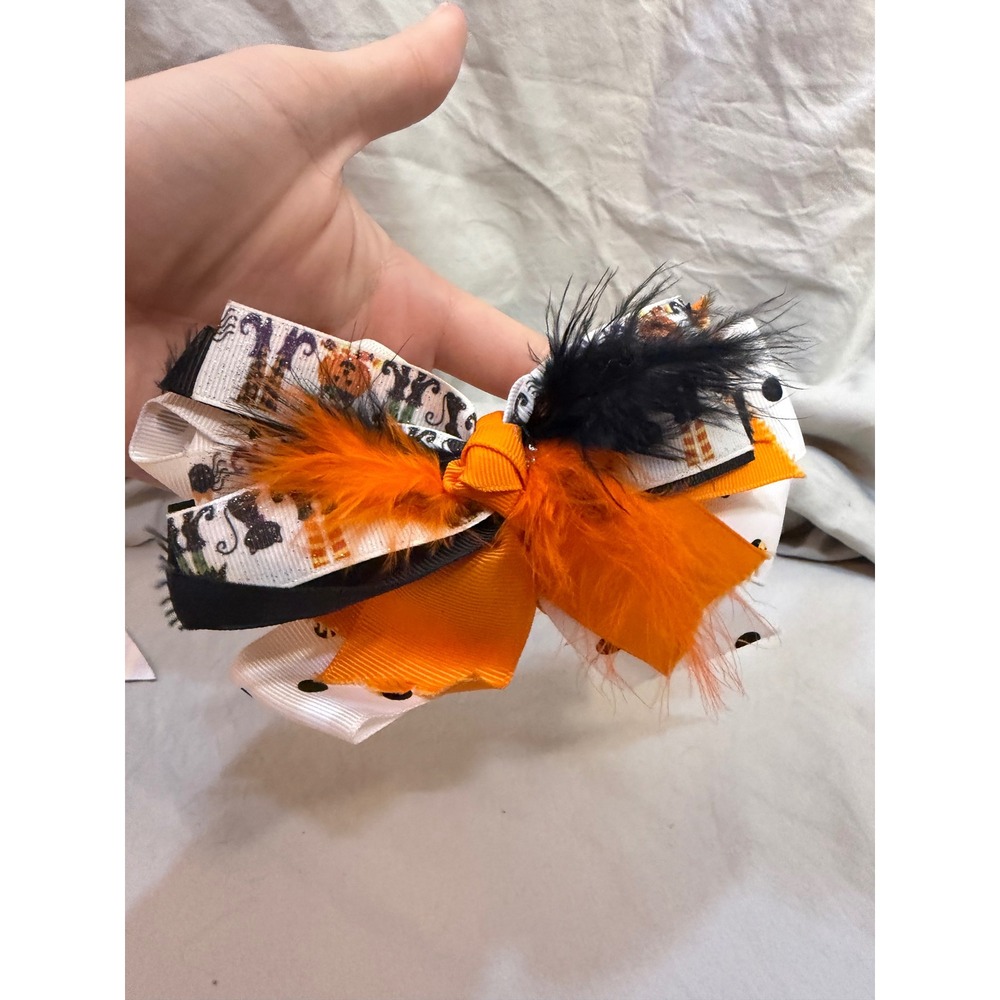 Halloween Boutique Hair Bow Orange Black White Pumpkin Feather Alligator Clip